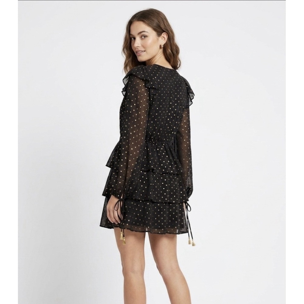 Tularosa Womens Long Tie Sleeve Ruffled Mini Dress Sz Small Black Print V-Neck B